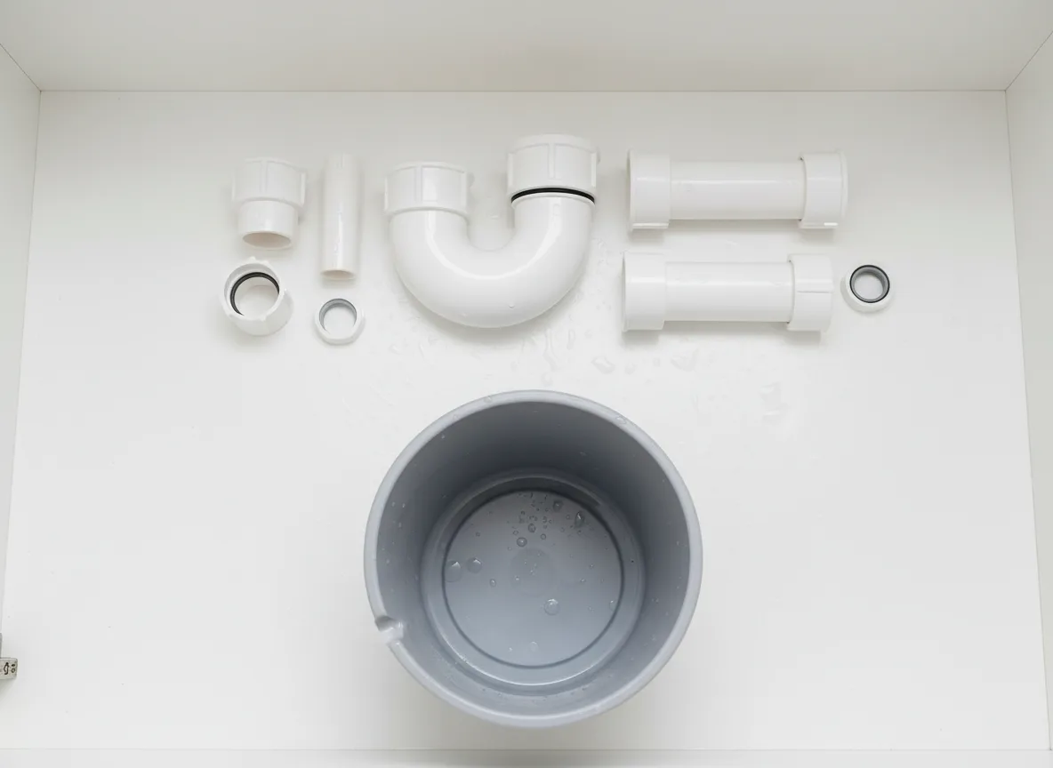 Disassembled P-trap under a sink